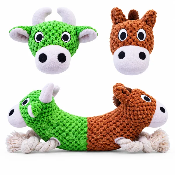 2-in-1 Crinkle Plush Cow & Horse Dog Chew Toy| Dual Neck | 