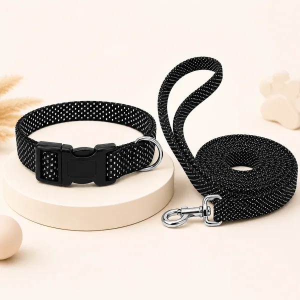 Premium Black Collar & Leash | Dotted Design | Highly durable | Size- Large | Black |