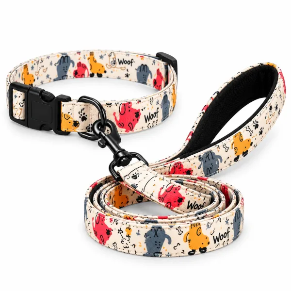 Digital Print Collar & Leash Set | Playful Pups Design | L - 25-50 kg | 