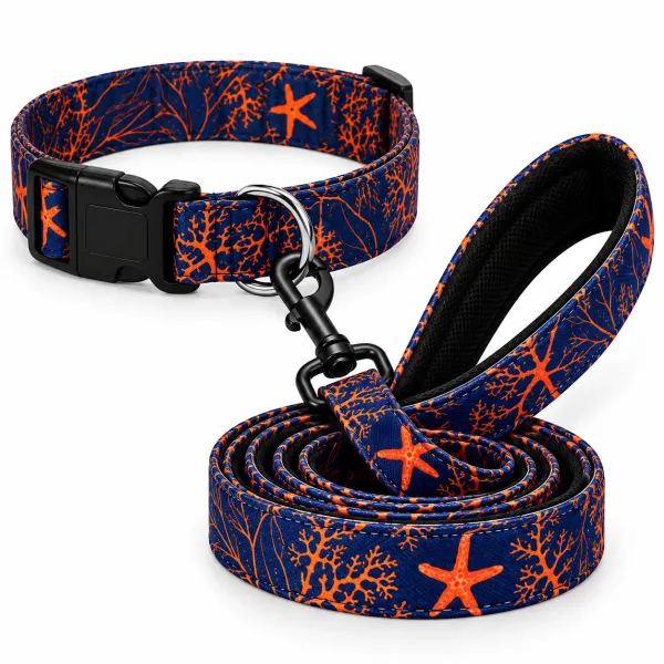Digital Print Collar & Leash Set | Ocean Reef Design | L - 25-50 kg |