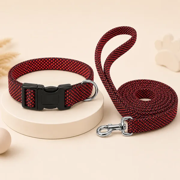 Premium Black Collar & Leash | Dotted Design | Highly durable | Size- Medium | Red |